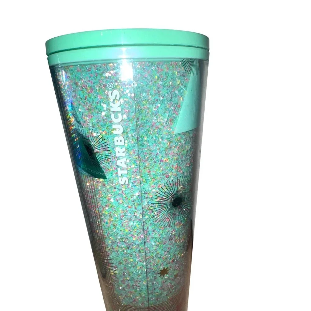 Starbucks 24 Oz Glitter Cold Cup Tumbler Green Lid With Holiday Design Made In C